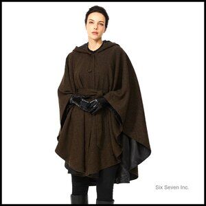 Women's Wool Blend Cape Coat with Hood Sleeveless Belted Poncho